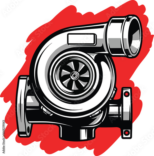 Turbocharger Icon – Bold Black and White Vector Illustration of Automotive Engine Component on Red Background