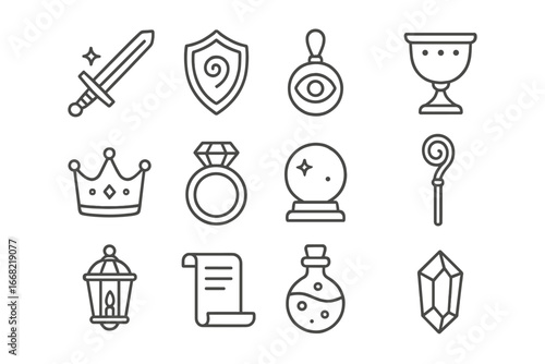 Mystical Artifacts Icons. Outline icon set of mystical artifacts: enchanted sword, ancient shield, amulet,