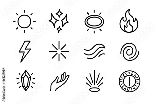 Mystical Energy Icons. Outline icon set of mystical energy: glowing orb, sparks, aura ring, swirling flame,
