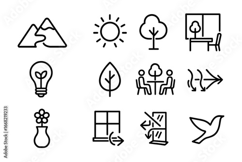 Nature-Inspired Icon Set. Outline icon set of nature-inspired productivity: mountain icon, river, sun, tree,
