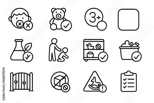 Toy Safety Icons. Outline icon set of toy safety at home: choking hazard icon, safe toy symbol, age label,