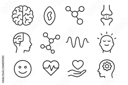Neuroscience Emotion Icon Set. Outline icon set of neuroscience of emotion regulation: brain, amygdala,