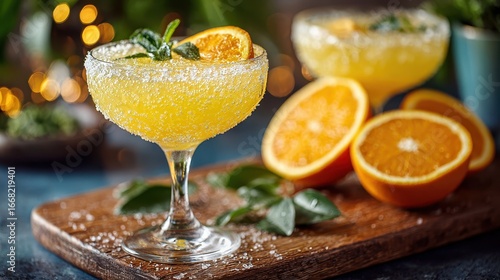 Refreshing Orange Margarita Cocktail with Sugar Rim and Mint Garnish