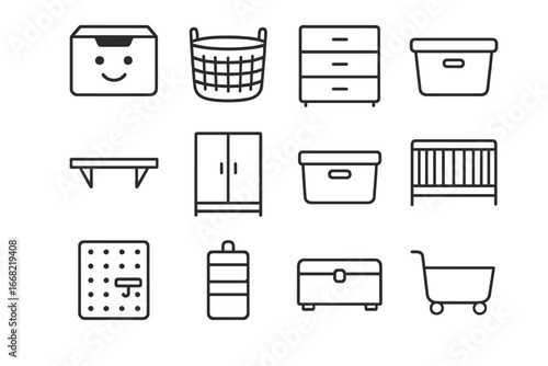 Nursery Storage Icons. Outline icon set of functional nursery storage: toy box, basket, dresser, shelf,
