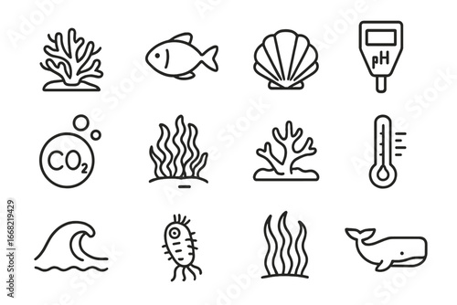Ocean Acidification Icons. Outline icon set of ocean acidification: coral reef, fish, shell, pH meter, CO2