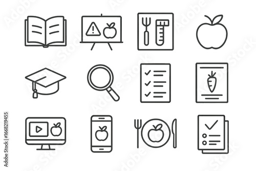Nutrition Education Icons. Outline icon set of nutrition education: open book, chalkboard, diet chart, apple,