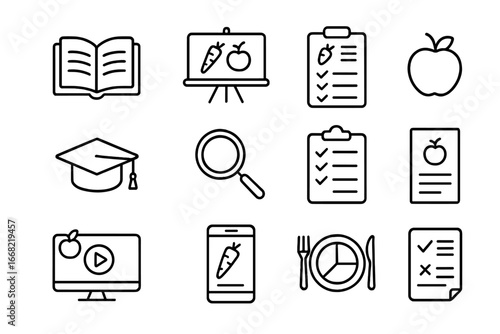 Nutrition Education Icons. Outline icon set of nutrition education: open book, chalkboard, diet chart, apple,
