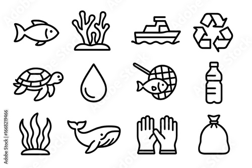 Ocean Conservation Icons. Outline icon set of ocean conservation efforts: fish, coral reef, boat, recycling