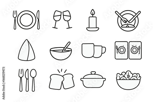 Meal Icon Set. Outline icon set of quiet shared meals: dinner plate, clinking glasses, candlelight, shared