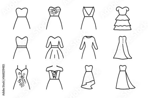Wedding Dress Icons. Outline icon set of wedding dress details: sweetheart neckline, lace overlay, open back,