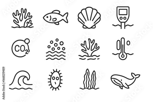 Ocean Acidification Icons. Outline icon set of ocean acidification: coral reef, fish, shell, pH meter, CO2