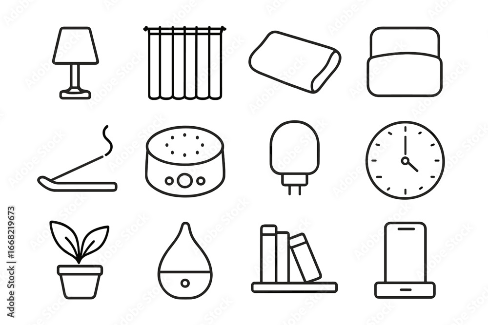 Calming Bedroom Icons. Outline icon set of calming bedroom setup: bedside lamp, blackout curtains, memory foam
