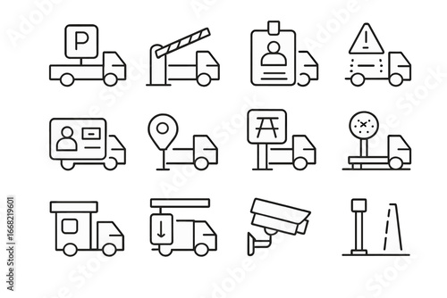 Truck Parking Icons. Outline icon set of truck parking and checkpoints: parking lot, barrier gate, permit