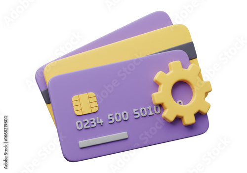 紫と黄色のクレジットカードに歯車が組み込まれた3Dイラスト