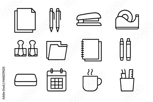 Office Supplies Icons. Outline icon set of temporary office trailer supplies: paper, pens, stapler, tape