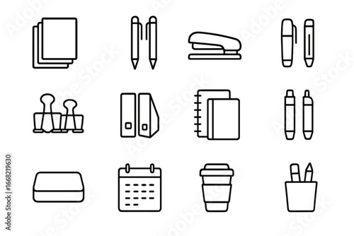 Office Supplies Icons. Outline icon set of temporary office trailer supplies: paper, pens, stapler, tape
