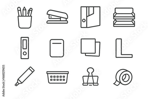 Office Supplies Icons. Outline icon set of office supply storage: pen holder, stapler, file box, paper tray,