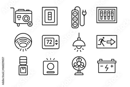 Office Trailer Utilities Icons. Outline icon set of site office trailer utilities: power generator, circuit