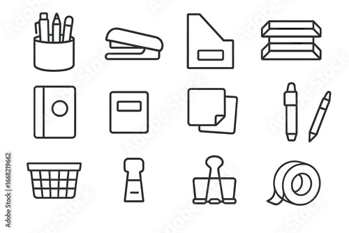 Office Supplies Icons. Outline icon set of office supply storage: pen holder, stapler, file box, paper tray,