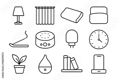 Calming Bedroom Icons. Outline icon set of calming bedroom setup: bedside lamp, blackout curtains, memory foam