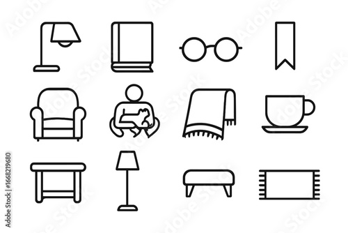 Cozy Reading Icons. Outline icon set of reading at home: reading lamp, hardcover book, reading glasses,