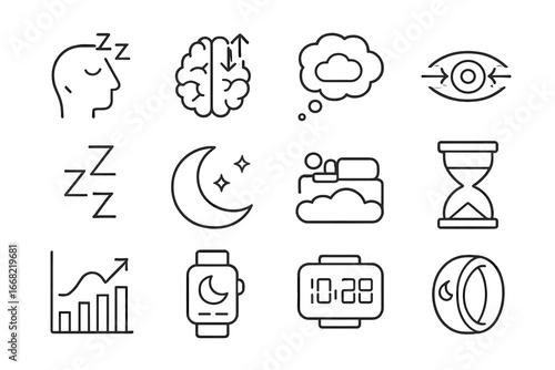 Dreaming Icons Set. Outline icon set of dreaming and REM sleep: sleeping head, brainwaves, dream bubble, eye