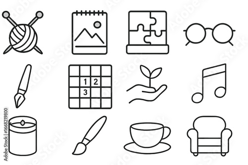 Solo Hobby Icons. Outline icon set of quiet solo hobbies: knitting needles, sketchpad, puzzle box, reading
