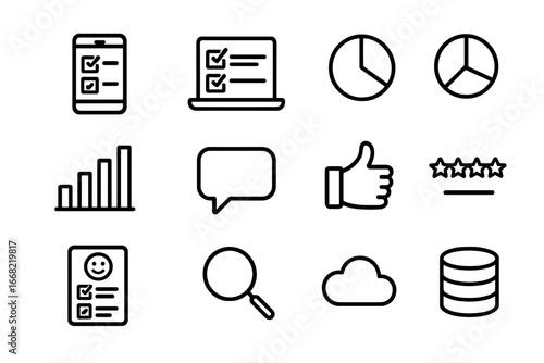 Online Survey Icons. Outline icon set of online consumer surveys: smartphone, laptop, checklist, pie chart,