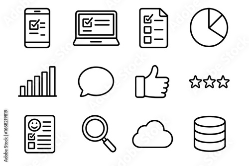 Online Survey Icons. Outline icon set of online consumer surveys: smartphone, laptop, checklist, pie chart,
