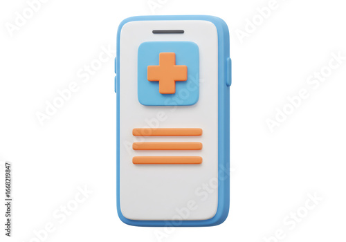 3D Rendered Smartphone Showing Medical Cross Sign on White Screen and Blue Frame