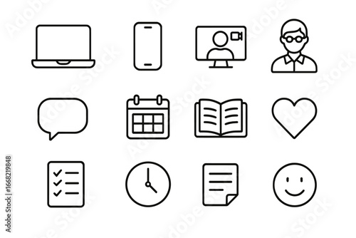 Online Therapy Icons. Outline icon set of online therapy: laptop, phone, video call icon, therapist figure,