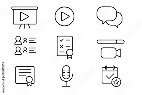 Online Training Icons. Outline icon set of Online training and webinars: presentation screen, play button,
