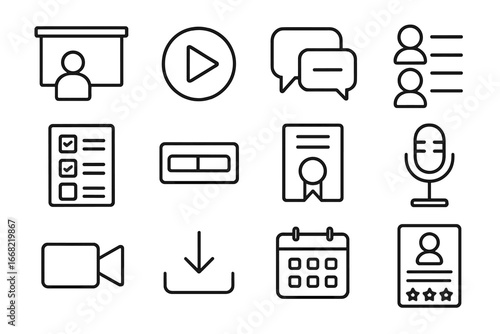 Online Training Icons. Outline icon set of Online training and webinars: presentation screen, play button,