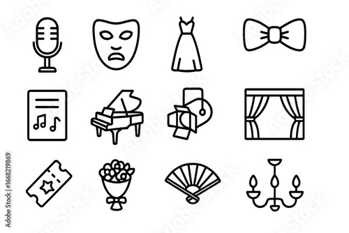 Opera Icons Collection. Outline icon set of opera singers: microphone, opera mask, gown, bow tie, music sheet,