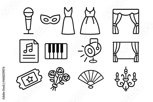 Opera Icons Collection. Outline icon set of opera singers: microphone, opera mask, gown, bow tie, music sheet,