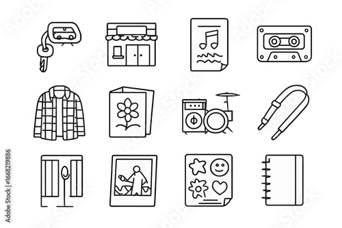 Indie Band Icon Set. Outline icon set of indie band lifestyle: van key, local venue, gig flyer, cassette tape,