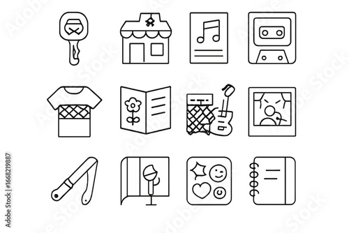 Indie Band Icon Set. Outline icon set of indie band lifestyle: van key, local venue, gig flyer, cassette tape,