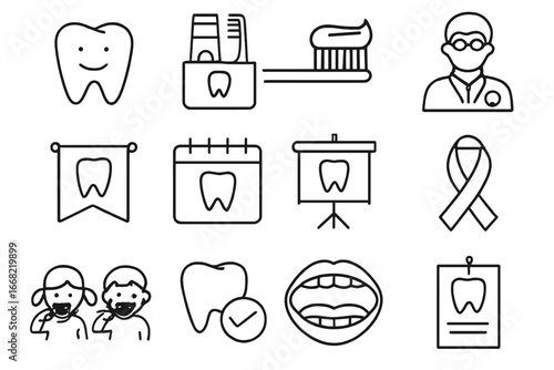 Dental Awareness Icons. Outline icon set of dental awareness campaign: smiling tooth, dental kit, toothpaste