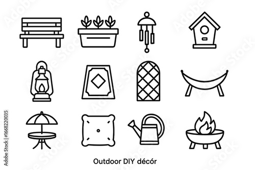 Outdoor Décor Icons. Outline icon set of outdoor DIY décor: garden bench, planter box, wind chime, birdhouse,