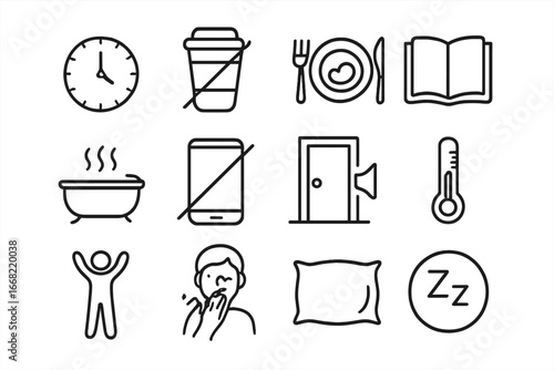Healthy Sleep Icons. Outline icon set of healthy sleep habits: consistent schedule, no caffeine, early dinner,