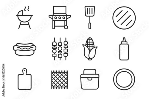 Outdoor Cooking Icons. Outline icon set of outdoor picnic cooking: charcoal grill, gas grill, spatula, burger