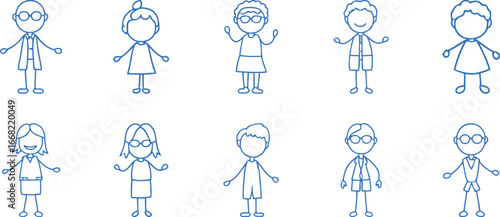 Collection of cute hand-drawn stick figure characters. Blue doodle vector line art of a diverse family, including children, parents, and grandparents.

