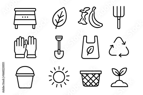 Organic Compost Icons. Outline icon set of organic waste composting: compost bin, leaf icon, food scraps,