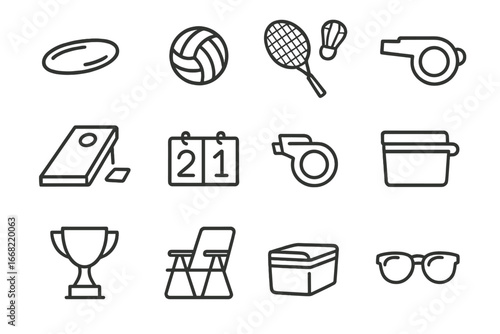 Outdoor Games Icons. Outline icon set of competitive outdoor games: frisbee, volleyball, badminton racket,