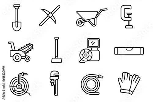 Outdoor Drainage Icon Set. Outline icon set of outdoor water drainage tools: shovel, pickaxe, wheelbarrow,