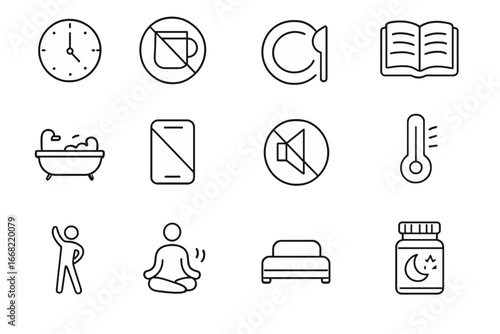 Healthy Sleep Icons. Outline icon set of healthy sleep habits: consistent schedule, no caffeine, early dinner,