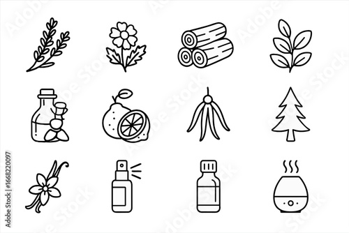 Calming Scents Icons. Outline icon set of calming bedtime scents: lavender, chamomile, sandalwood, eucalyptus,