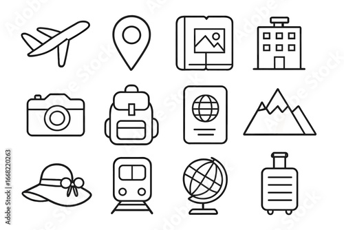 Travel Icon Set. Outline icon set of travel during sabbatical: airplane, location pin, travel journal, hotel