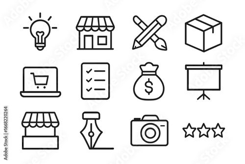 Entrepreneurial Icons Grid. Outline icon set of creative entrepreneurship during sabbatical: idea bulb, shop
