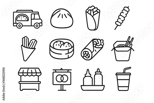 Street Food Fusion Icons. Outline icon set of street food fusion: taco truck, bao bun, gyro wrap, satay skewer